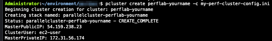 ParallelCluster creation output